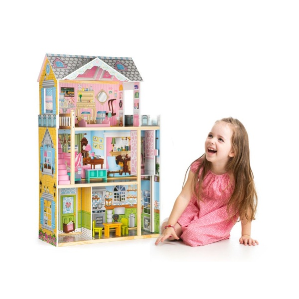 Ecotoys Ecotoys Velký dřevěný domeček pro panenky s výtahem a nábytkem