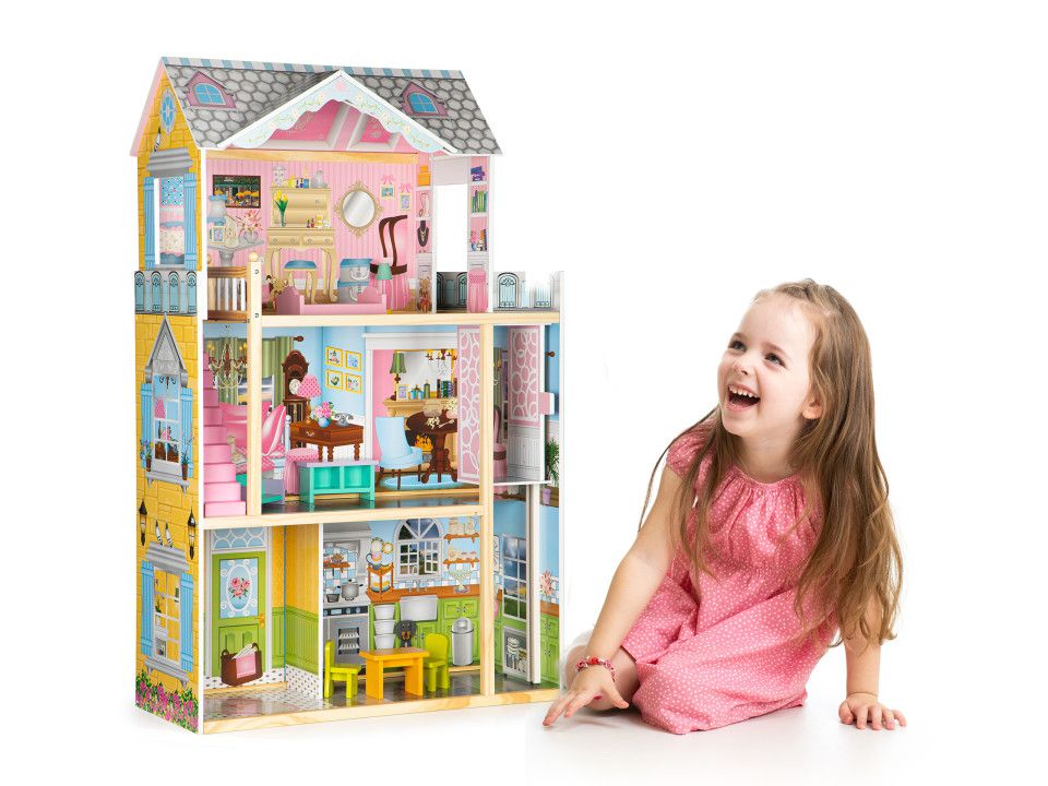 Ecotoys Ecotoys Velký dřevěný domeček pro panenky s výtahem a nábytkem