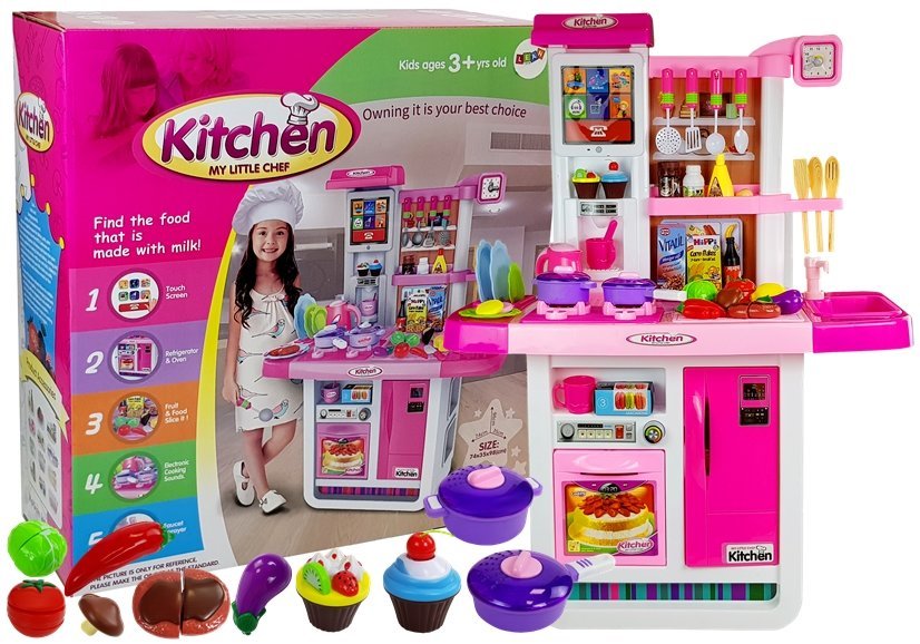  Dětská kuchyňka s tekoucí vodou a potravinami růžová
