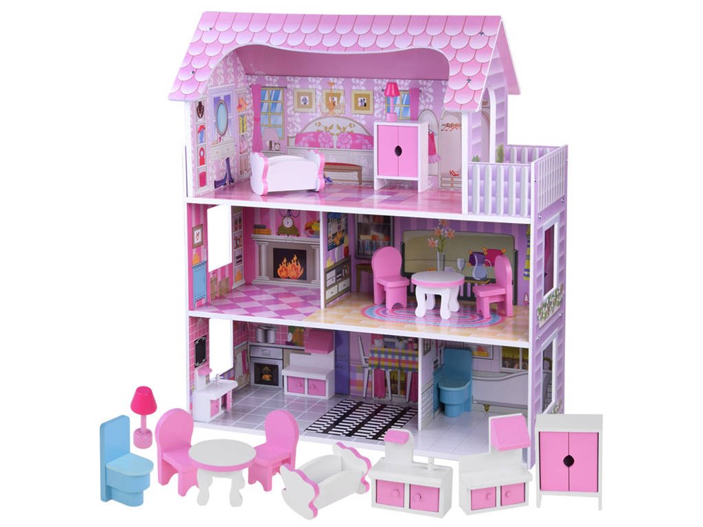  Dřevěný domeček pro panenky s LED osvětlením růžový