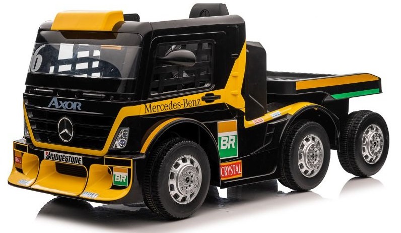  Dětský elektrický kamion Mercedes Axor LCD MP4 s návěsem žlutý