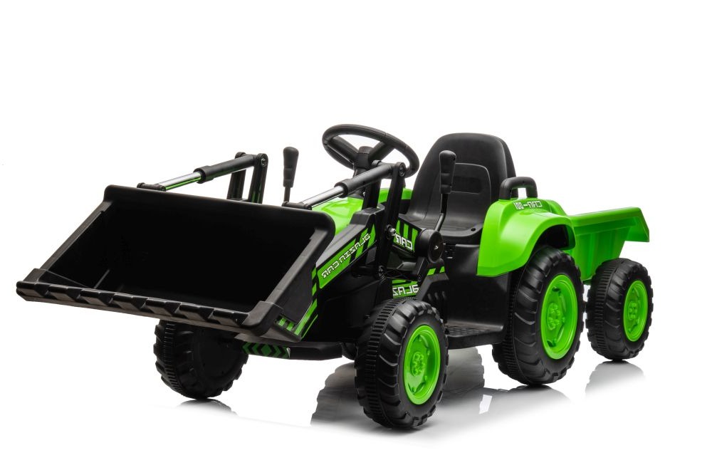  Mamido Dětský elektrický traktor s radlicí a přívěsem zelený