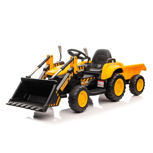  Dětský elektrický traktor s radlicí a přívěsem žlutý