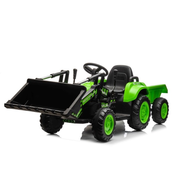  Dětský elektrický traktor s radlicí a přívěsem zelený