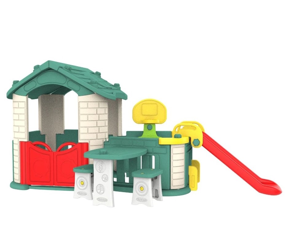 Dětský zahradní domeček 5v1 se skluzavkou a zelenou střechou  Dětský zahradní domeček 5v1 se skluzavkou a zelenou střechou