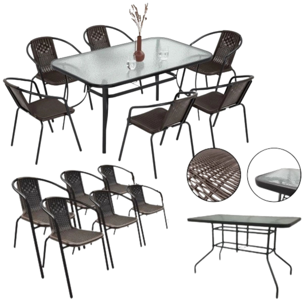 Sada zahradního nábytku Skleněný stůl 150x90 Židle 6ks hnědá