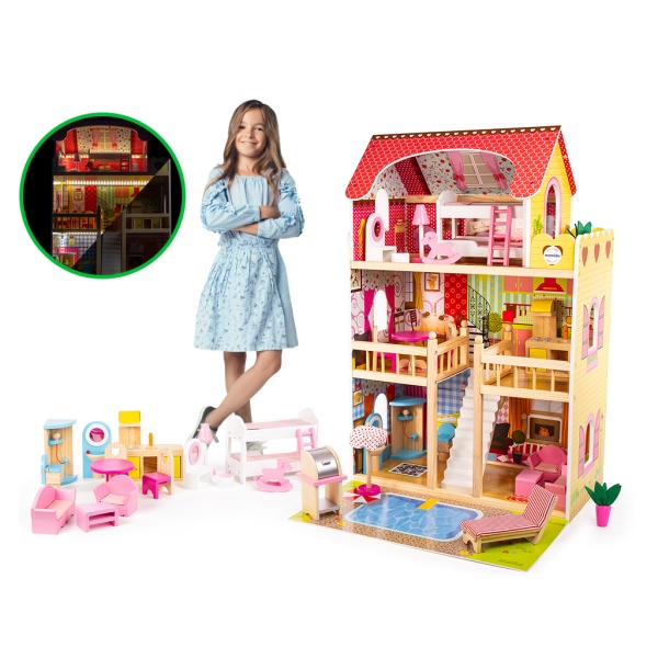  Domeček pro panenky Stacy XXXL 90cm s bazénem + LED osvětlění 16ks Nábytku - Rozbaleno - S-W101