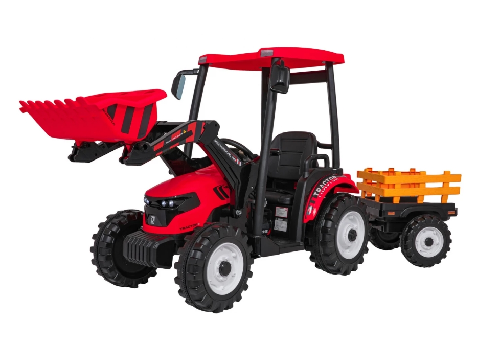  Dětský elektrický traktor MEGA D68 24V s přívěsem červený