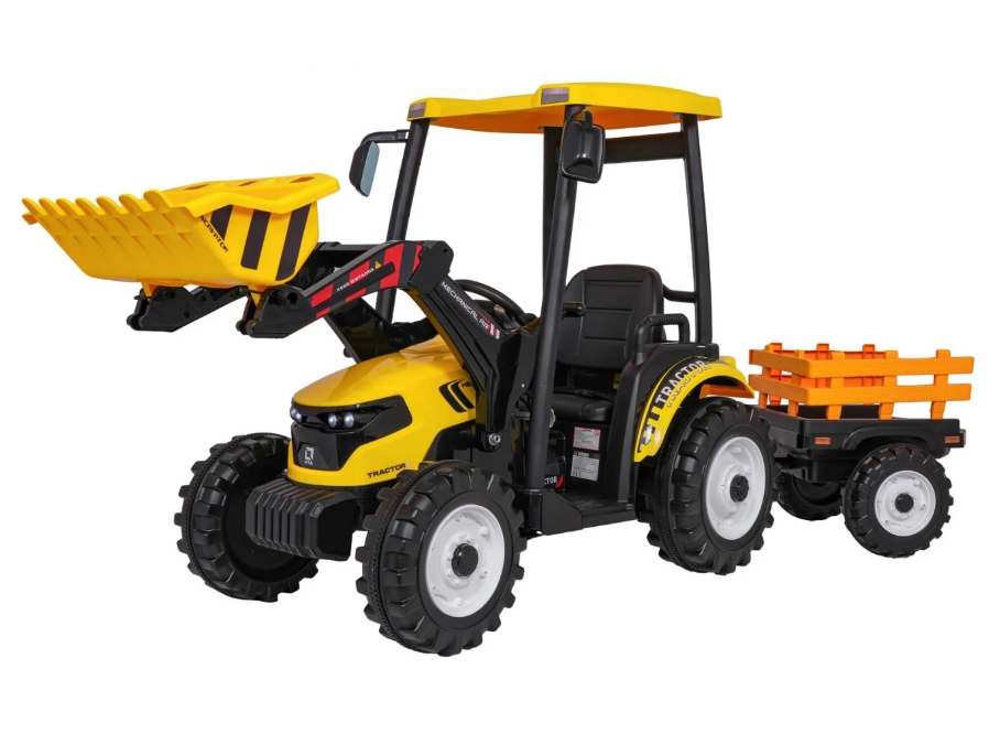 Dětský elektrický traktor MEGA D68 24V s přívěsem žlutý