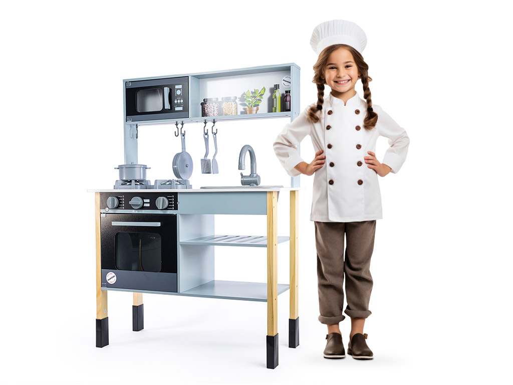 Mamido Dětská Dřevěná Kuchyňka - Sporák Mikrovlnná trouba Hrnce šedá