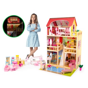 Mamido Domeček pro panenky Stacy XXXL 90cm s bazénem + LED osvětlění 16ks Nábytku