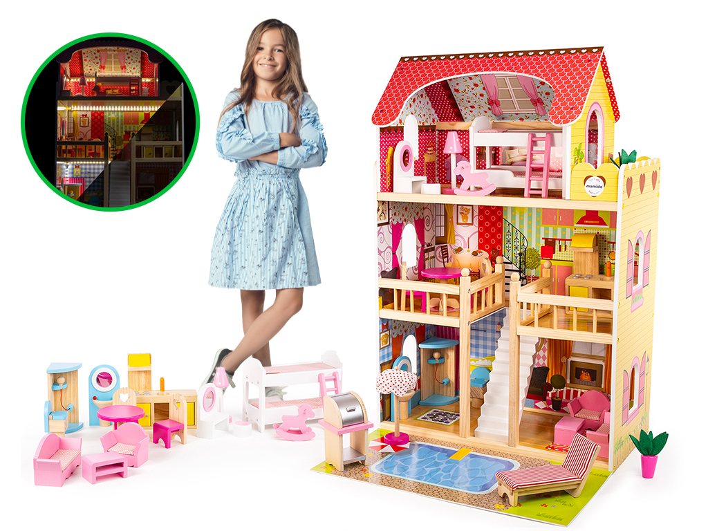 Domeček pro panenky Stacy XXXL 90cm s bazénem + LED osvětlění 16ks Nábytku