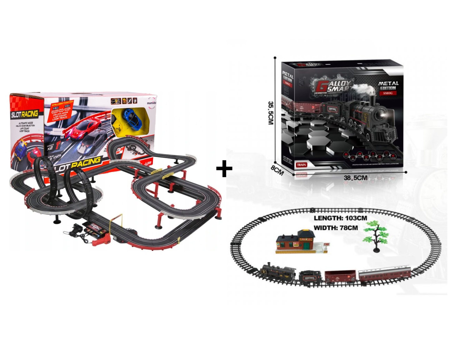 Mamido Výhodná sada Autodráha Gigant 1420cm + Vláčkodráha s parní lokomotivou světlem a hudbou