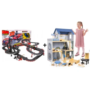 Výhodná sada Autodráha Gigant 1420cm + Domeček pro panenky Roxana s nábytkem a příslušenstvím XL 78cm 15ks + LED osvětlení