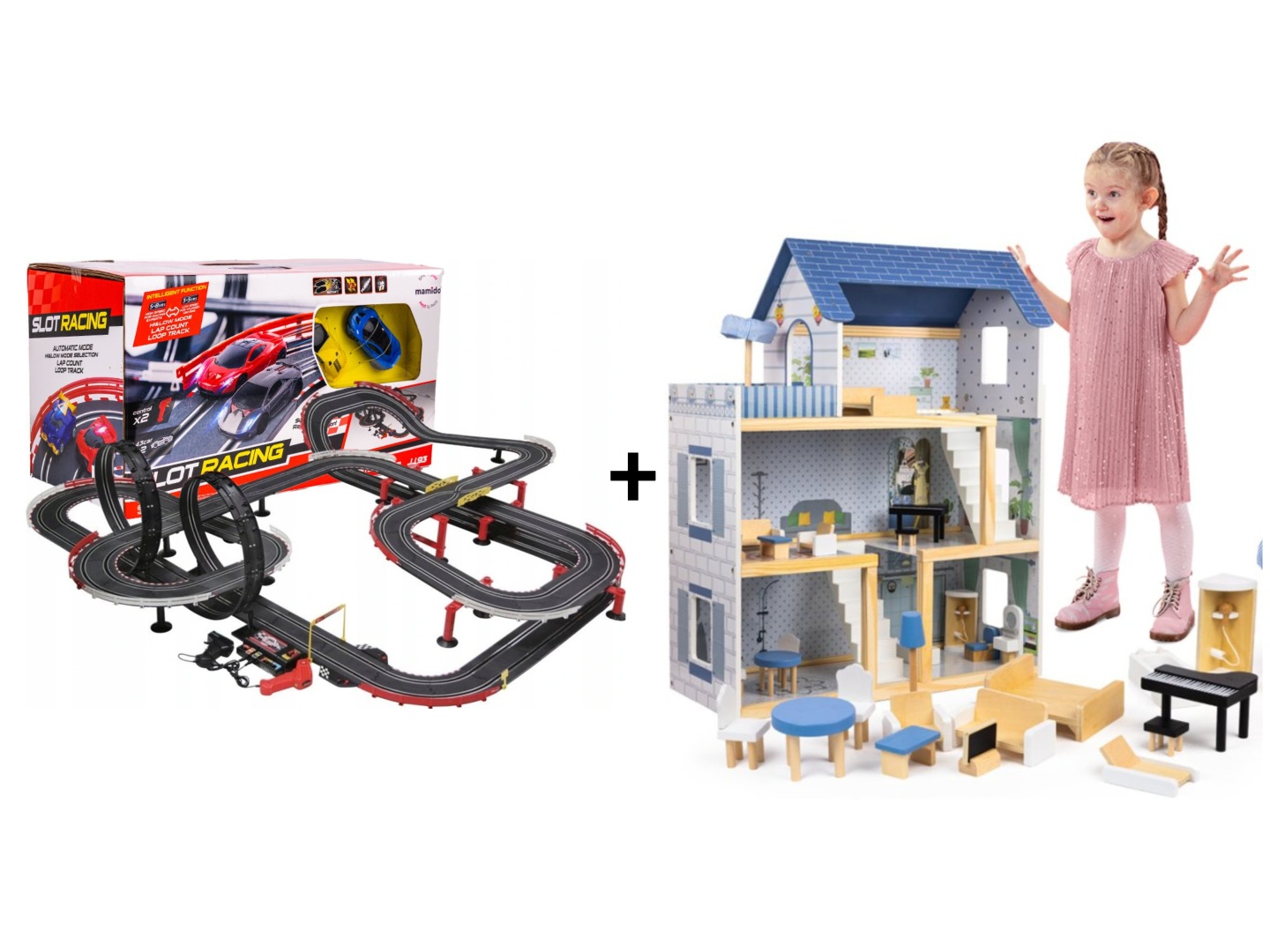 Mamido Výhodná sada Autodráha Gigant 1420cm + Domeček pro panenky Roxana s nábytkem a příslušenstvím XL 78cm 15ks + LED osvětlení