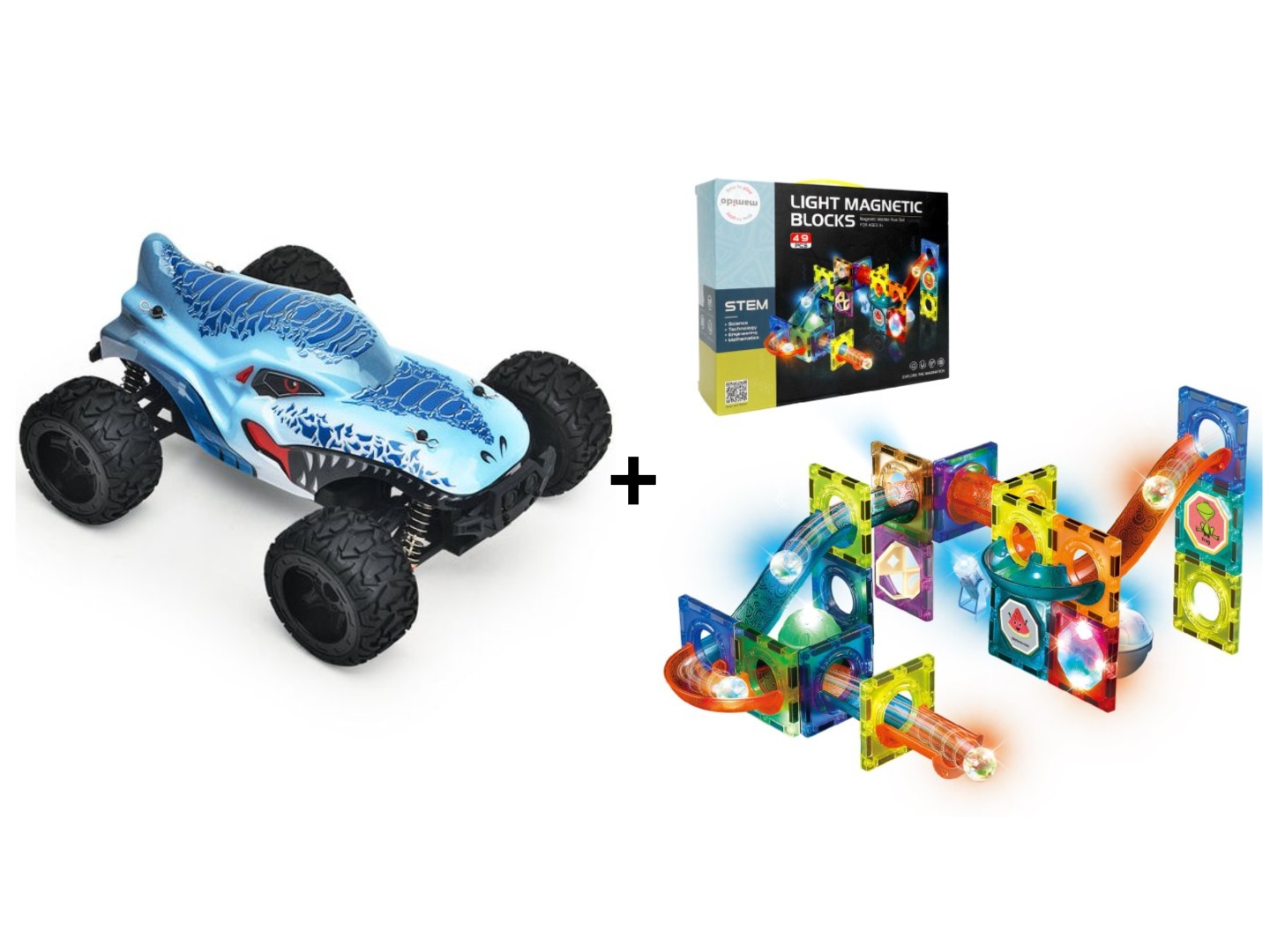  Mamido Výhodná sada RC Monster Truck 1:16  Max 35 km/h 4x4 + Magnetická svítící stavebnice kuličková dráha 49 dílů