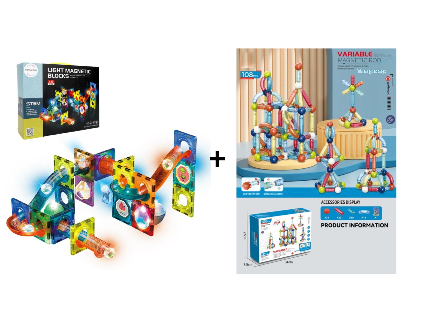  Mamido Výhodná Magnetická sada Stavebnice Variable 108 dílků + Svítící stavebnice kuličková dráha 49 dílů