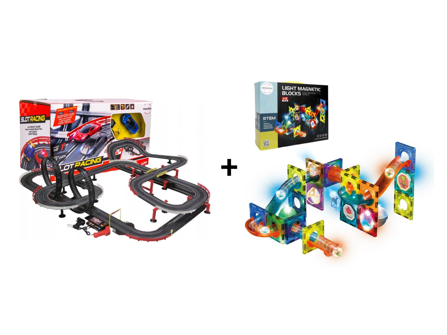 Mamido Výhodná sada Autodráha Gigant 1420cm + Magnetická svítící stavebnice kuličková dráha 49 dílů