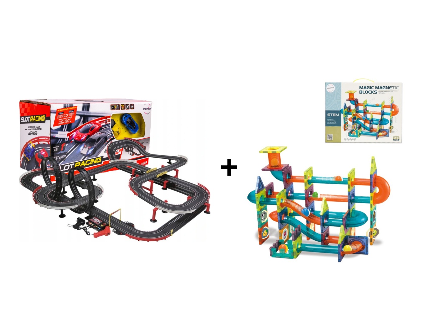 Mamido Výhodná sada Autodráha Gigant 1420cm + Magnetická stavebnice kuličková dráha 96 dílů