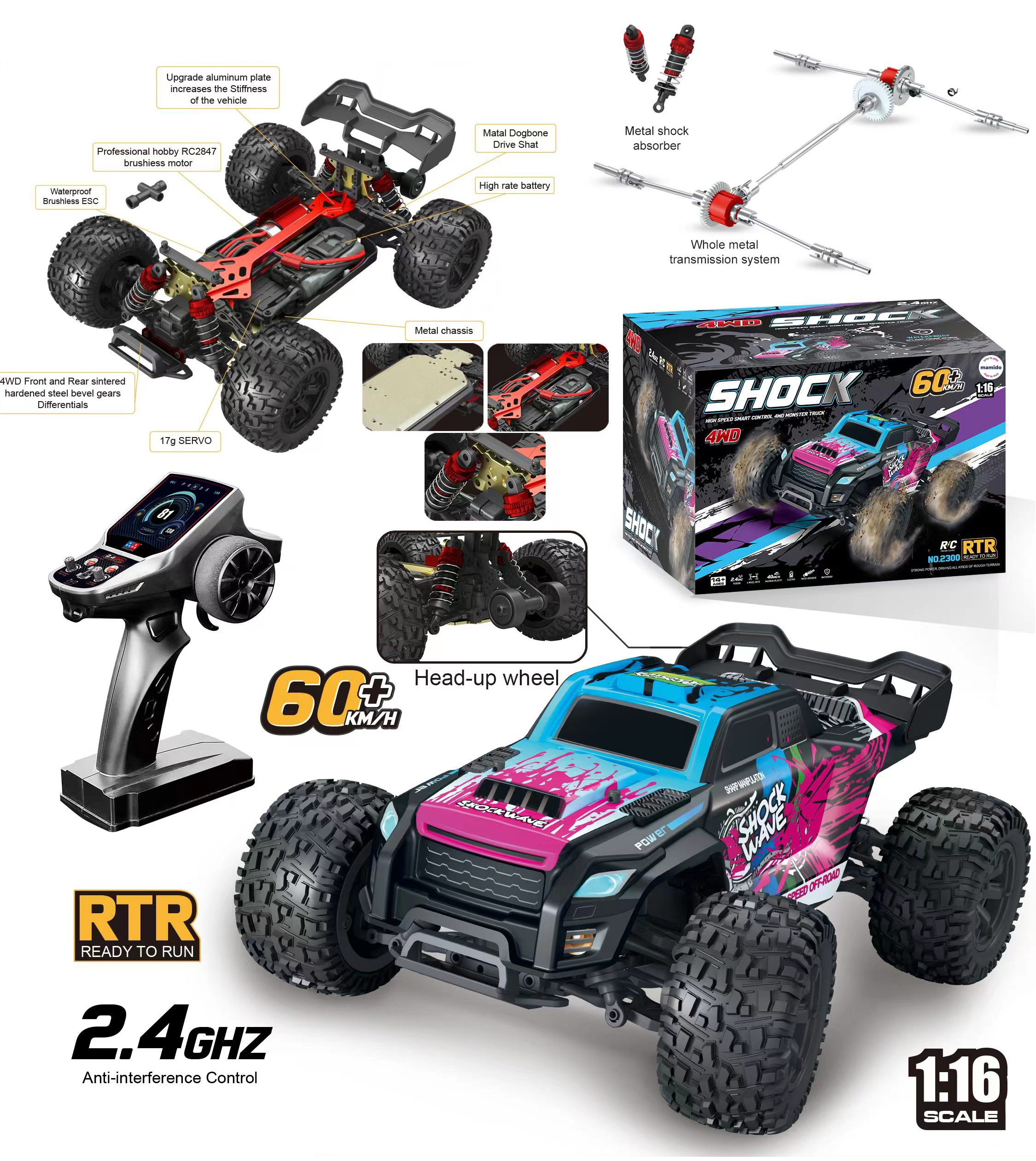Mamido Auto na dálkové ovládání 60 km/h RC Monster Truck 1:16 4WD Brushless 2.4GHz modré