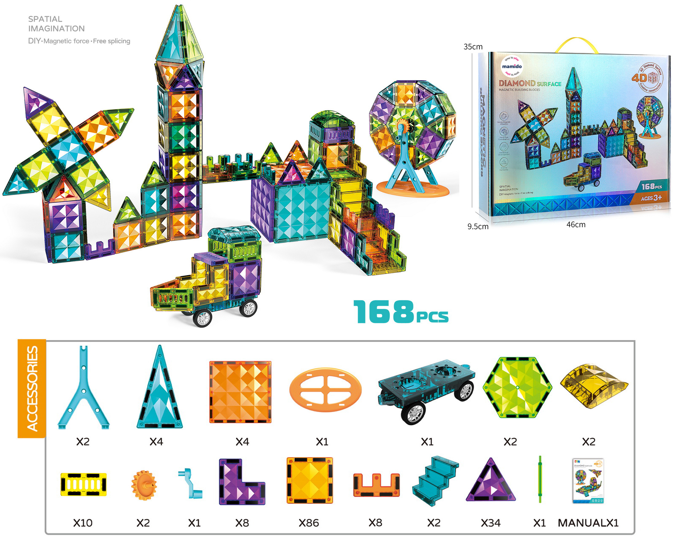 Mamido Magnetická stavebnice 168 dílů Diamond 4D MT1238