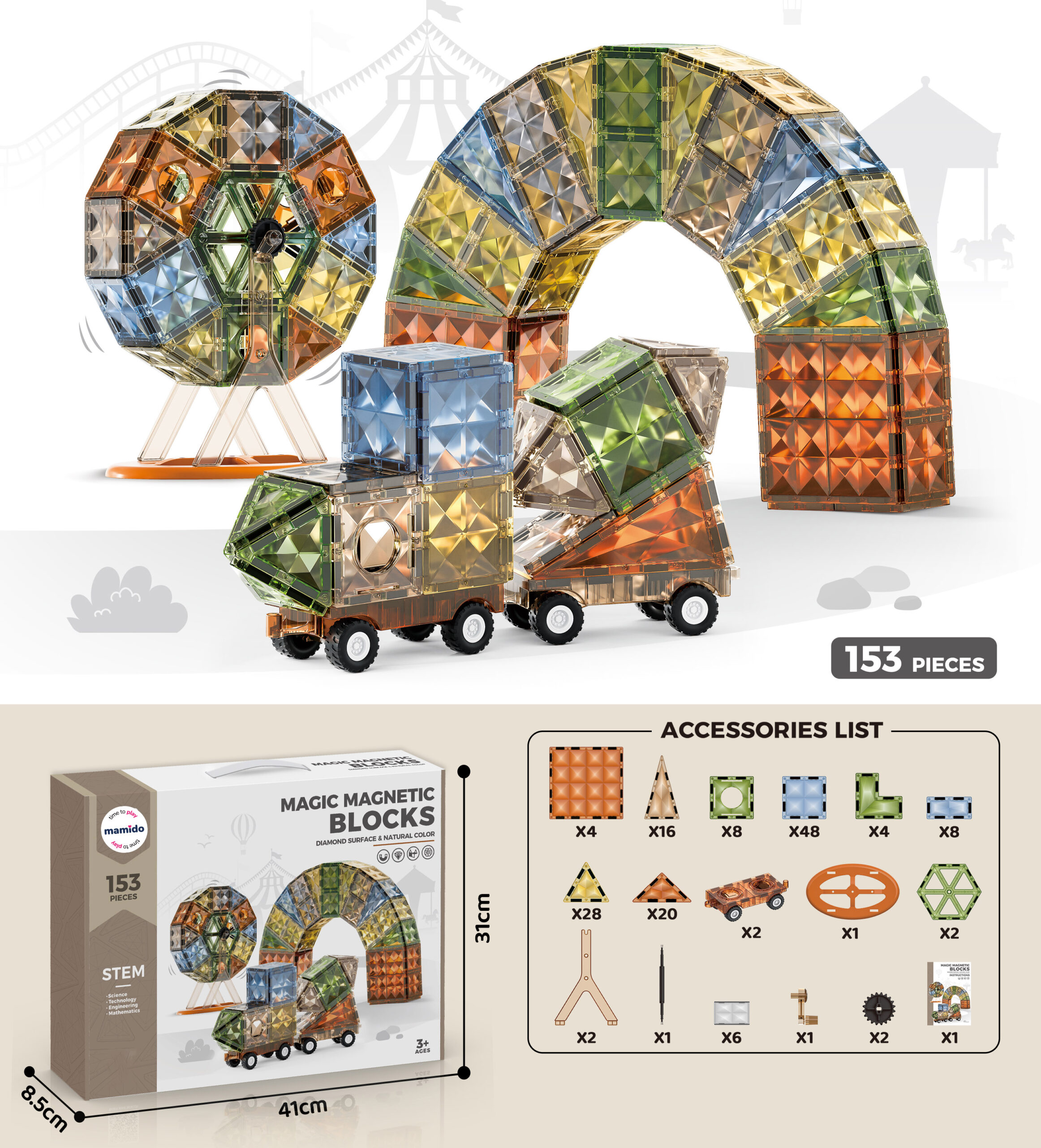 Mamido Magnetická stavebnice Magic Diamond Surface 153 dílů