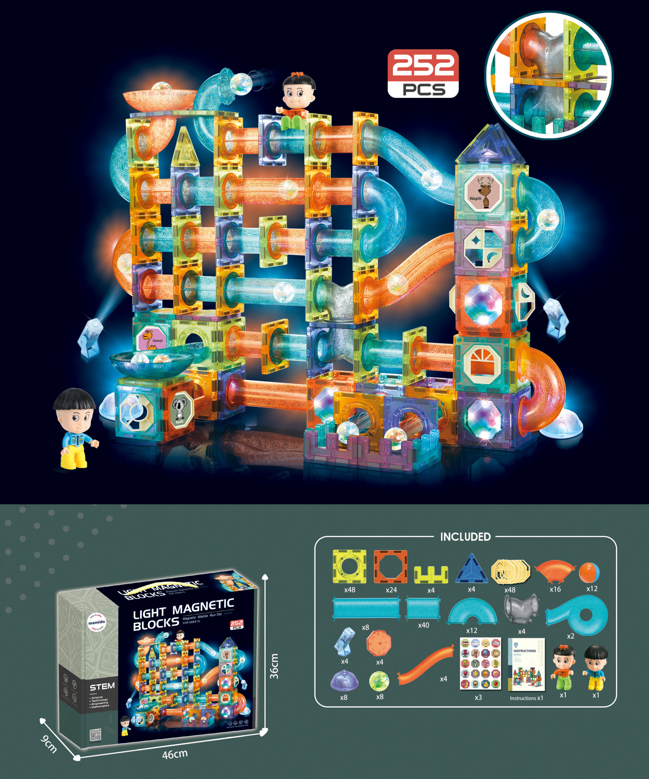 Mamido Magnetická svítící stavebnice kuličková dráha 252 dílů XXL