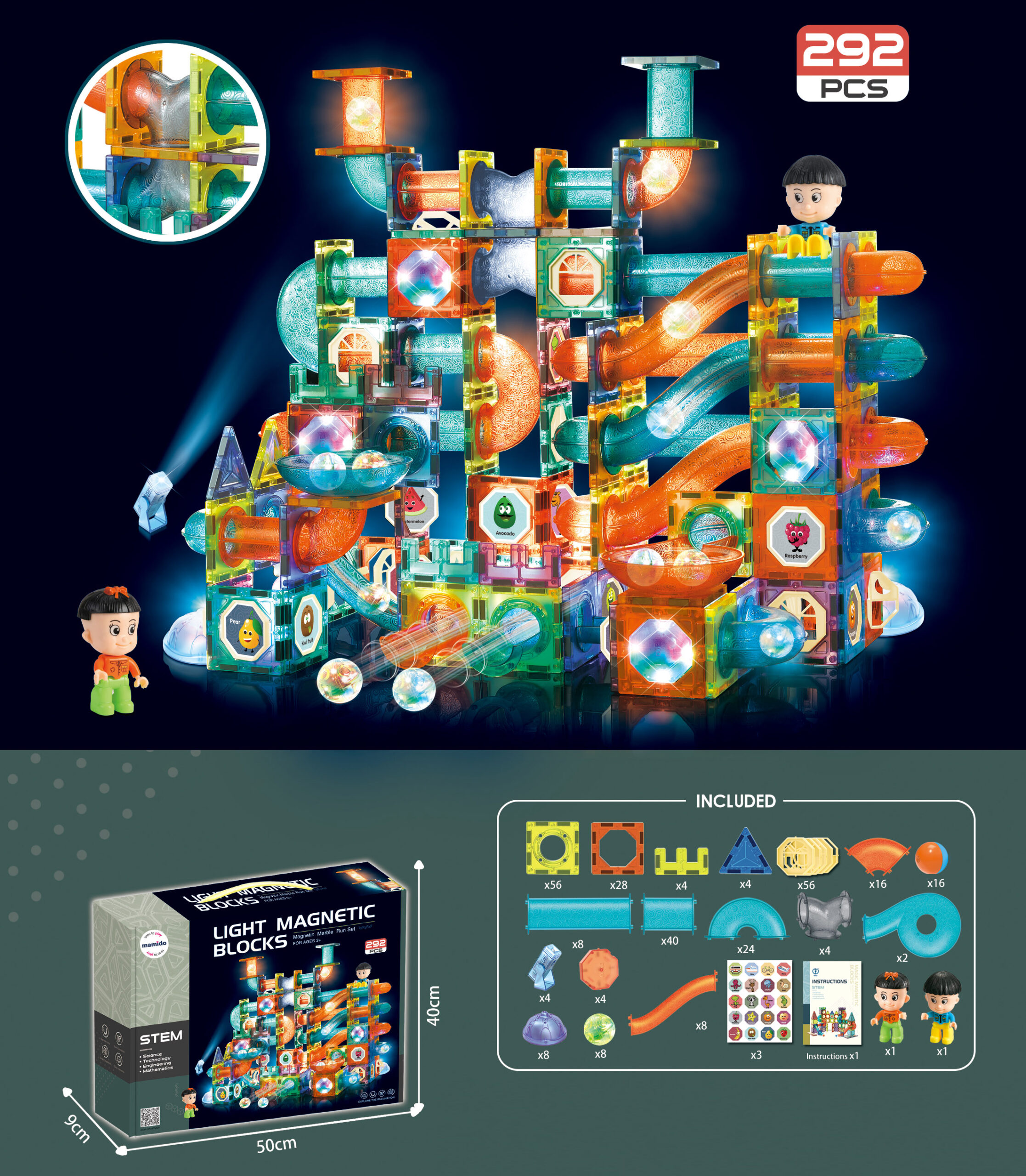 Mamido Magnetická svítící stavebnice kuličková dráha 292 dílů Maxi XXL