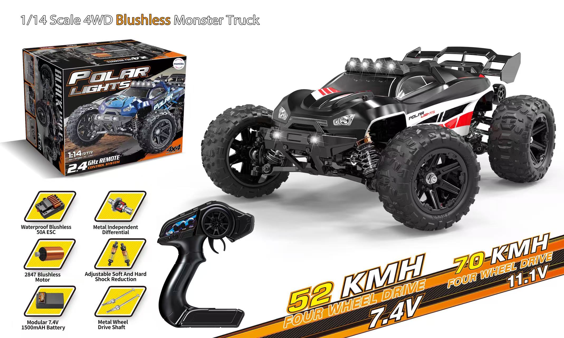 Mamido Terénní autíčko na dálkové ovládání Polar lights černé 1:14