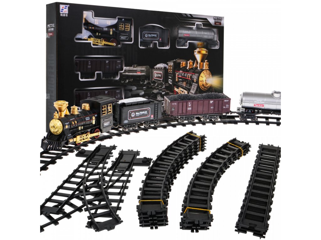 Velká vláčkodráha s parní lokomotivou a 4 vagóny