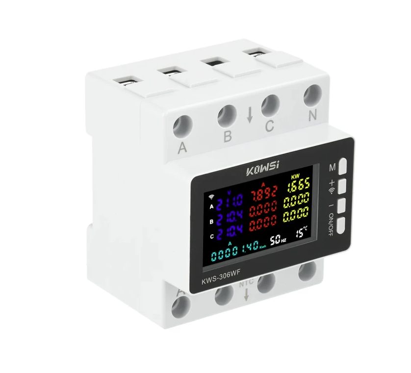 Třífázový WiFi elektroměr TUYA 80A s relé a LCD displejem - montáž na DIN lištu