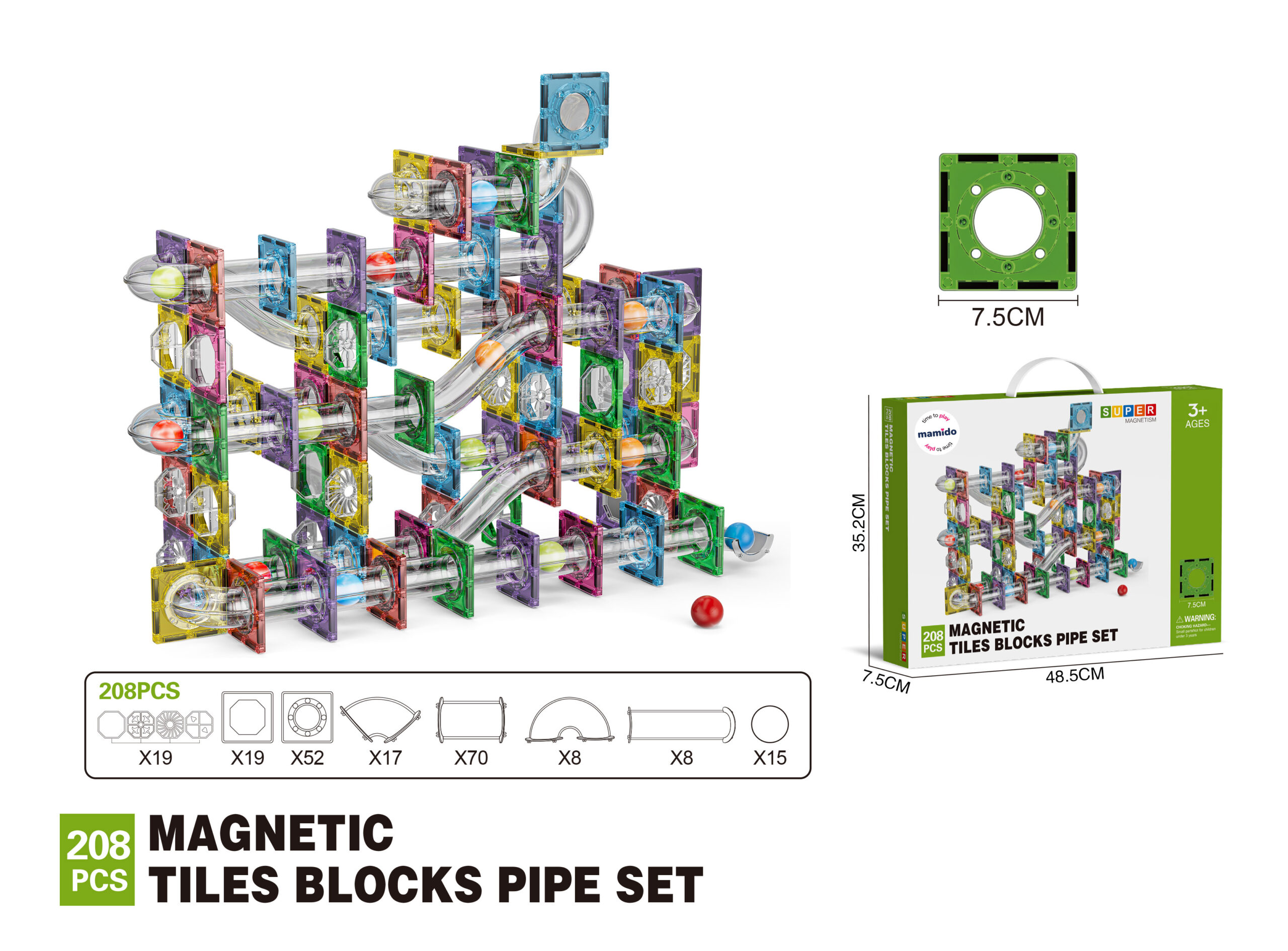 Barevná magnetická stavebnice kuličková dráha 208 dílů MT1466