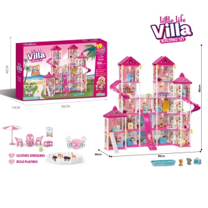 Domeček pro panenky s LED světly, doplňky a panenkou 368 dílů růžový MT1585