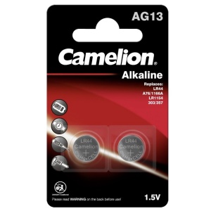 Camelion knoflíková alkalická baterie LR44 (LR44, AG13, LR1154, 1166A, 357, A76, GP76A, SR44) - 2 kusy; 1,5V