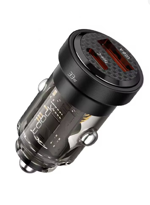 Mini nabíječka do auta USB-A a USB-C - Hnědá